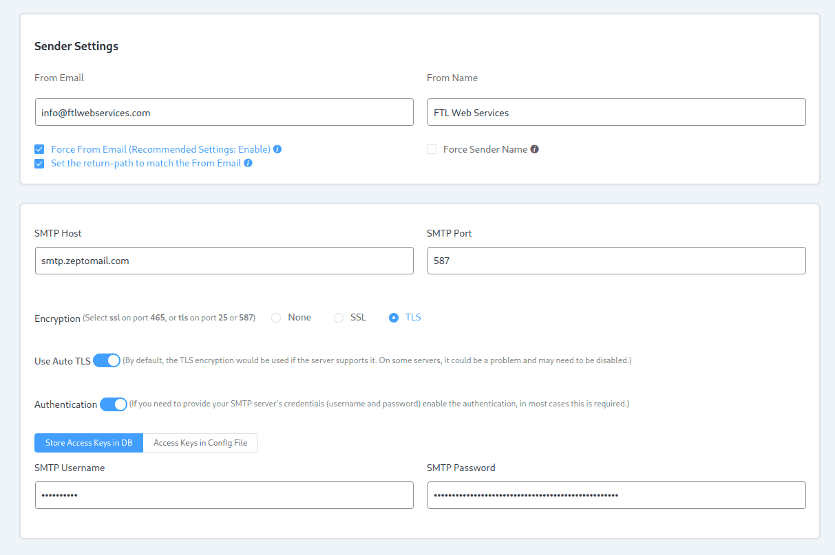 screenshot of FluentSMTP settings with SMTP config values filled in the input fields