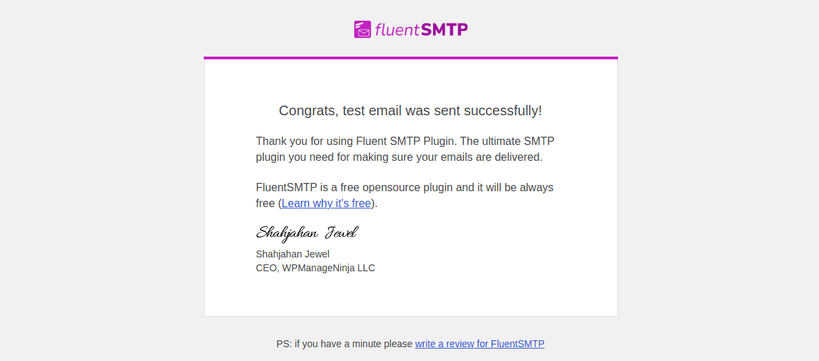 screenshot of email confirming that FluentSMTP was configured correctly