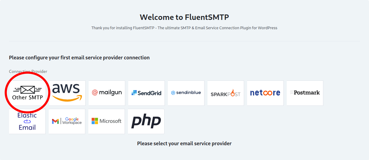 screenshot of FluentSMTP welcome page with "Other SMTP" circled in red